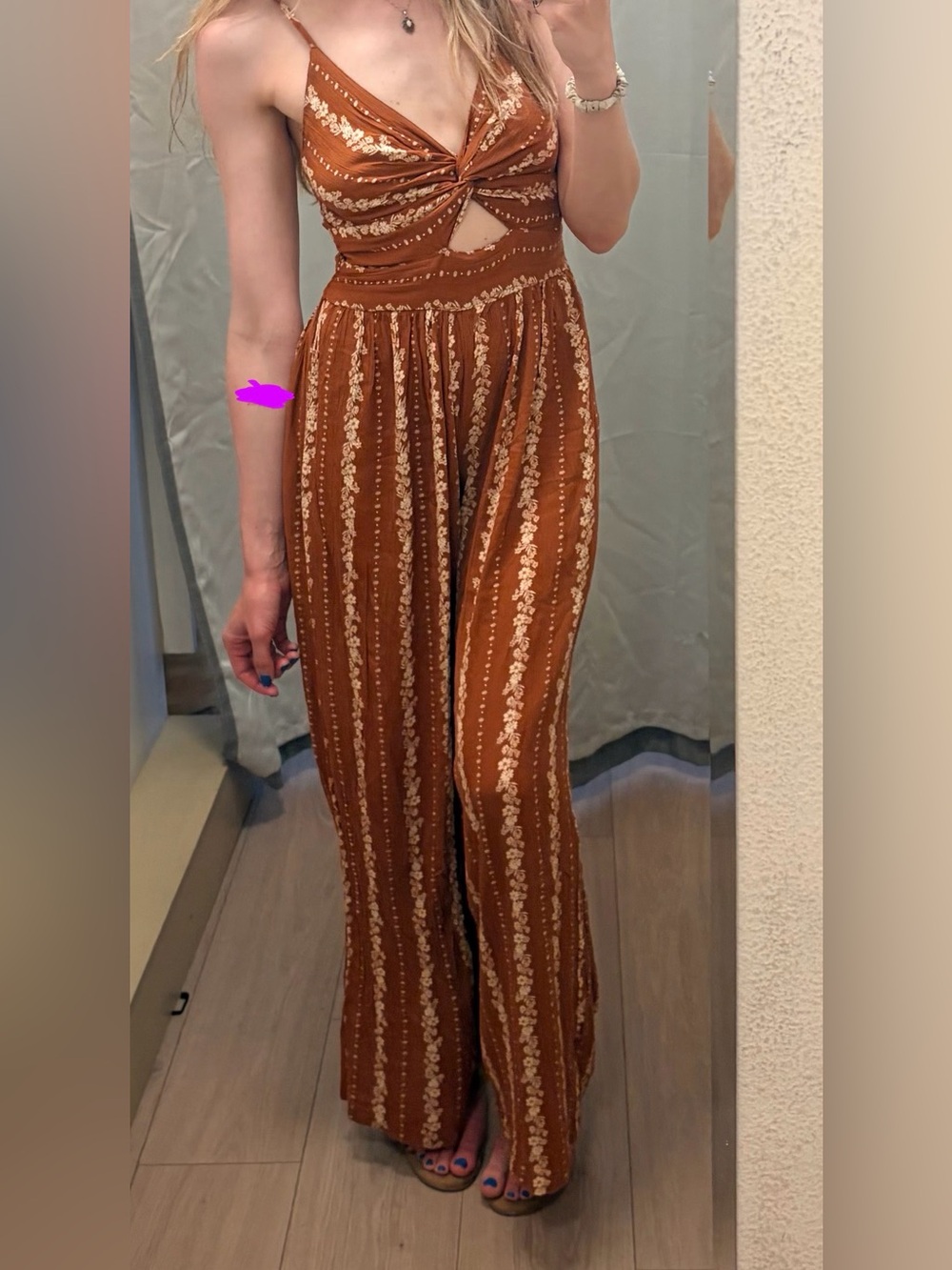 Angie Rust-Brown Floral Stripe Twist Front Keyhole Jumpsuit